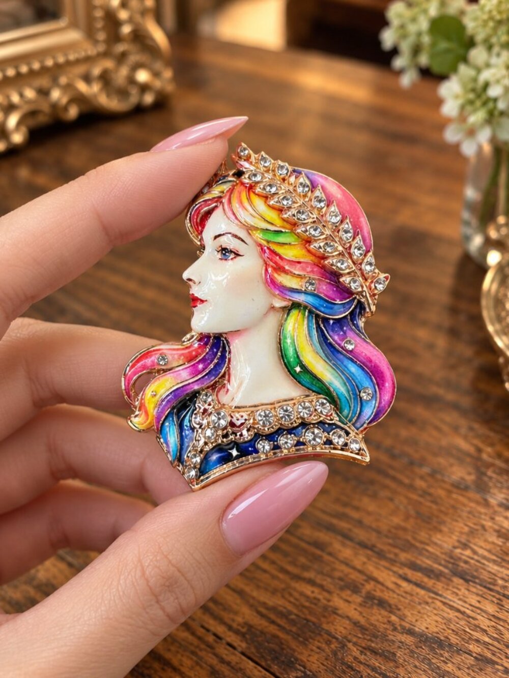 Virgo Zodiac Rainbow Enamel Rhinestone Brooch